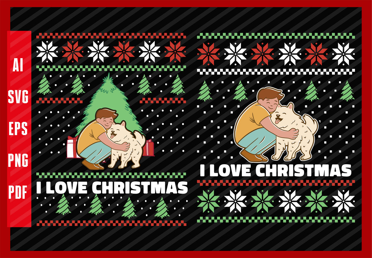 Dog and Boy Happy Friends, Dog Lover, I Love Christmas T-Shirt Design Eps, Ai, Png, Svg and Pdf Printable Files