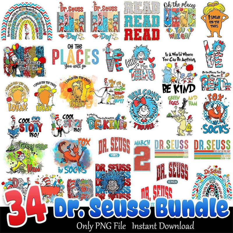 Dr. Seuss Read Bundle PNG 34+ Dr. Seuss Quotes PNG Instant Download