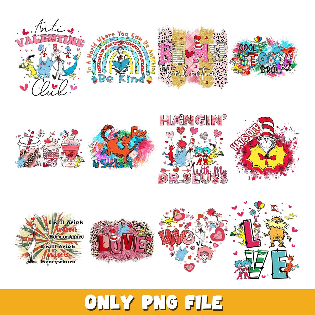 Dr Seuss Cat in hat valentine png, Dr Seuss  bundle png, cartoon png