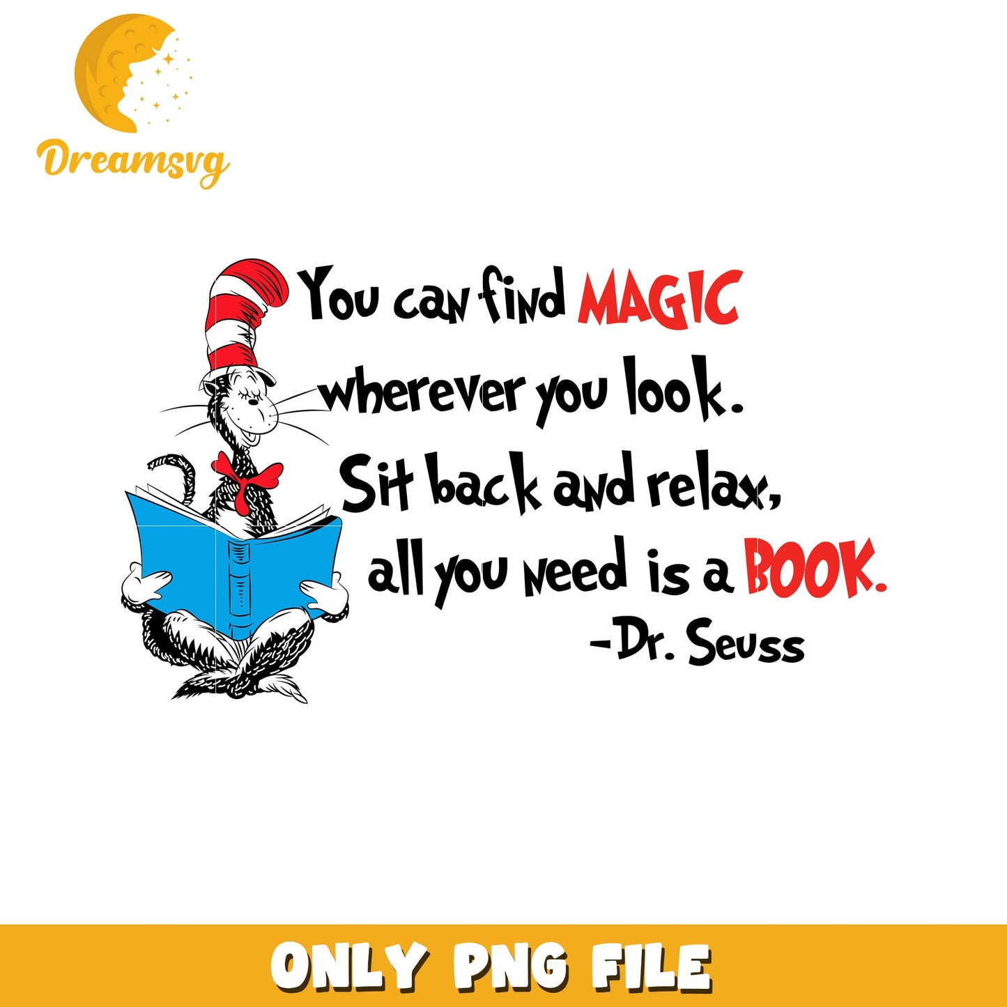 Dr Seuss Cat Reading Book PNG