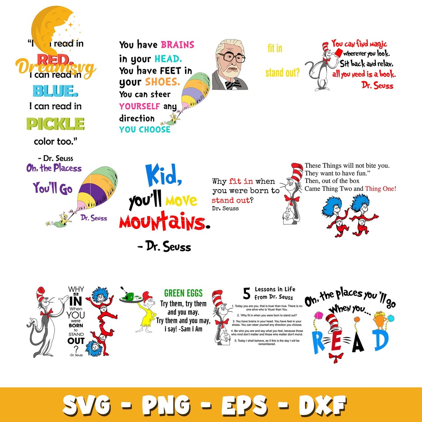 Dr Seuss Inspirational Quotes SVG Bundle for Kids