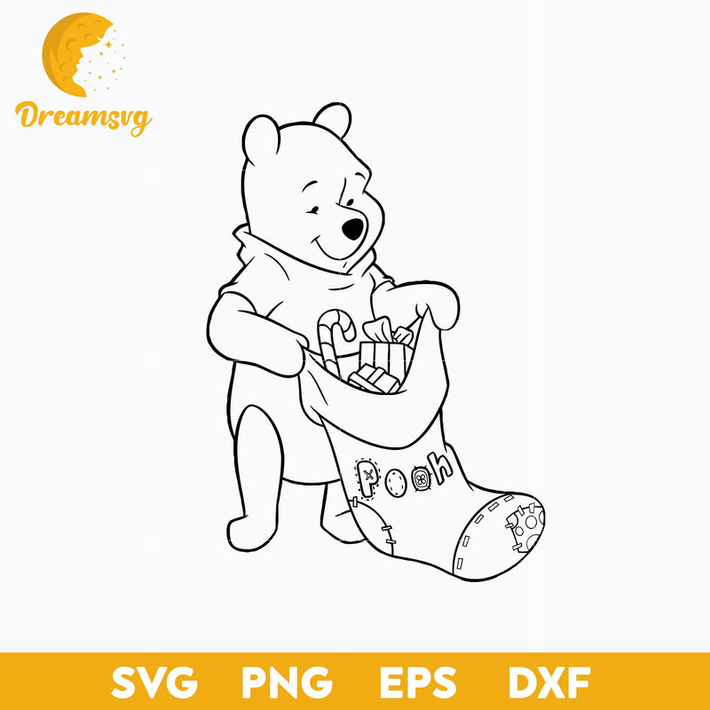 Bear Pooh Christmas Outline SVG, Pooh Christmas SVG PNG DXF EPS Digital File.