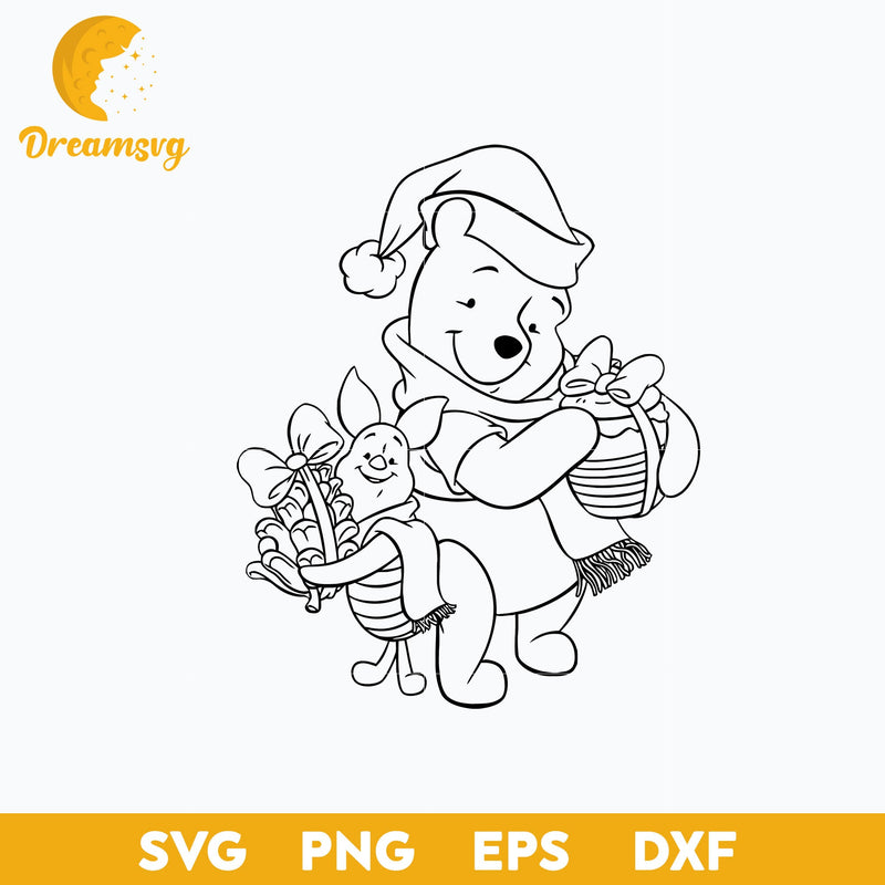 Pooh And Piglet Christmas Gift outline SVG, Disney Christmas SVG PNG DXF EPS Digital File.