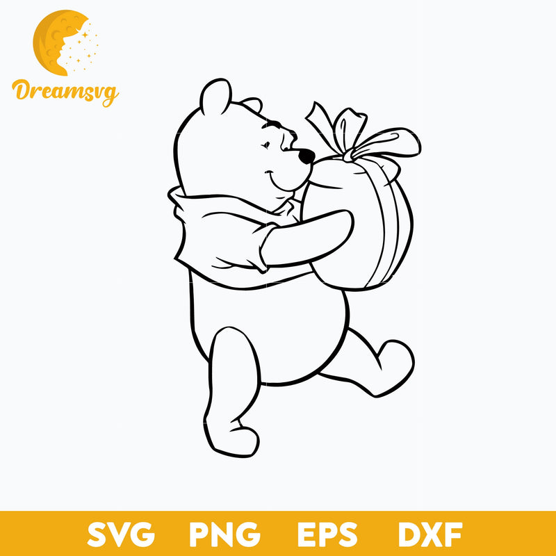 The Pooh Christmas Gift Outline SVG, Disney Christmas SVG PNG DXF EPS Digital File.