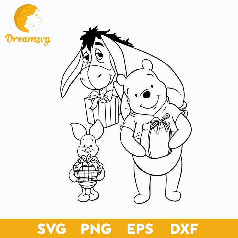 Pooh Piglet Eeyore Christmas Outline SVG, Pooh Christmas SVG PNG DXF EPS Digital File.