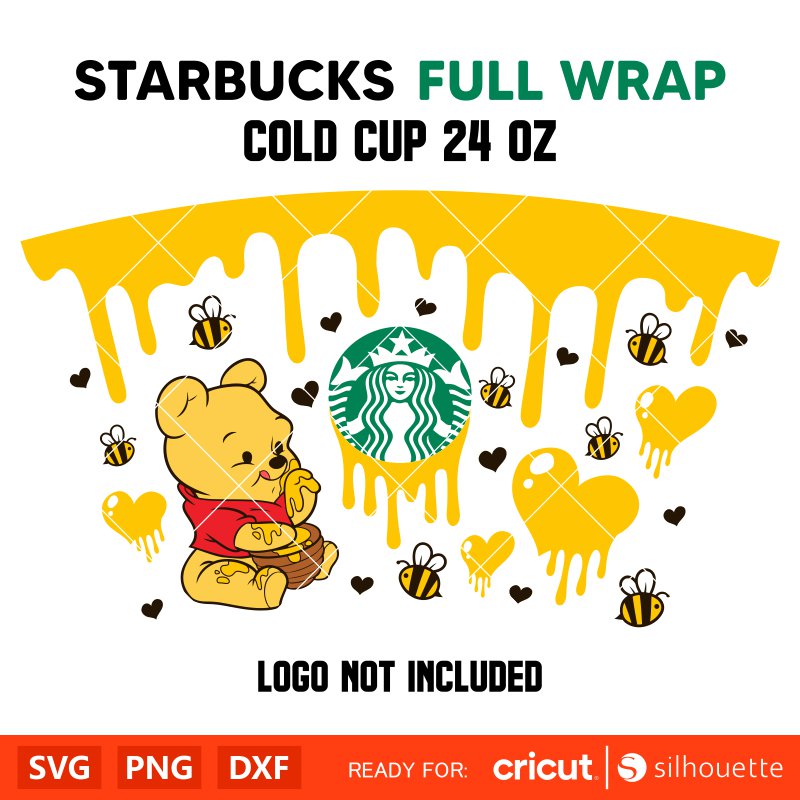 Dripping Heart Honey Pooh Bear Full Wrap Svg, Starbucks Svg, Coffee Ring Svg, Cold Cup Svg, Cricut, Silhouette Vector Cut File