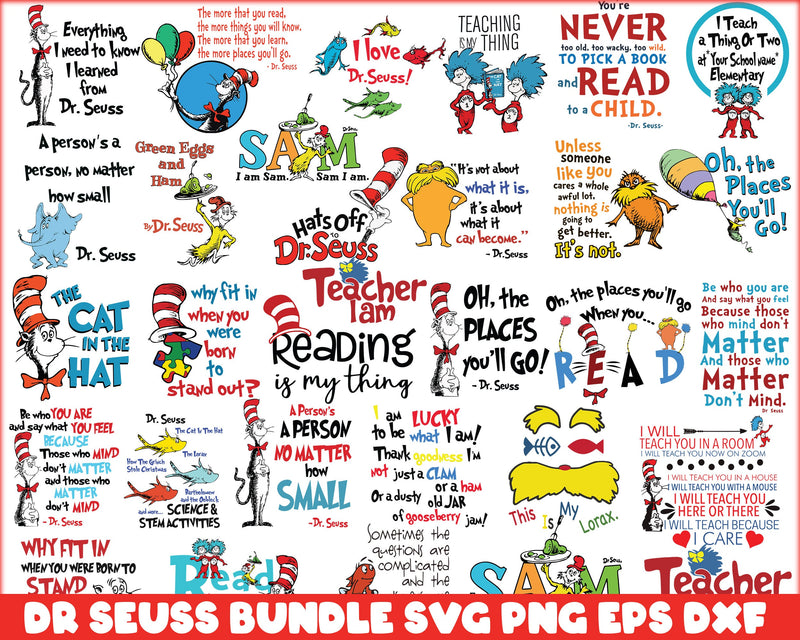 Bundle 13 - Dr Seuss Svg, Cat In The Hat SVG, Dr Seuss Hat SVG, Green Eggs And Ham Svg, Dr Seuss for Teachers Svg, Png, Eps, Dxf