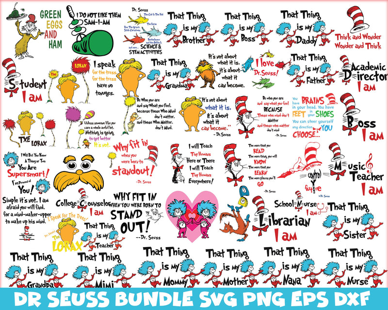 Bundle 15 - Dr Seuss Svg, Cat In The Hat SVG, Dr Seuss Hat SVG, Green Eggs And Ham Svg, Dr Seuss for Teachers Svg, Png, Eps, Dxf