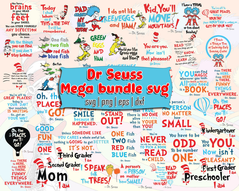 Bundle 16 - Dr Seuss Svg, Cat In The Hat SVG, Dr Seuss Hat SVG, Green Eggs And Ham Svg, Dr Seuss for Teachers Svg, Png, Eps, Dxf