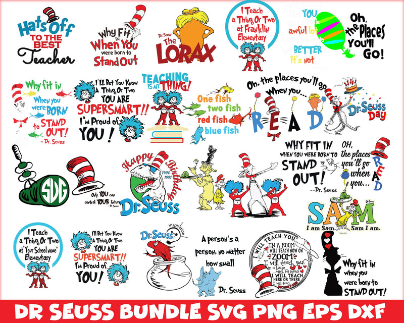 Bundle 17 - Dr Seuss Svg, Cat In The Hat SVG, Dr Seuss Hat SVG, Green Eggs And Ham Svg, Dr Seuss for Teachers Svg, Png, Eps, Dxf