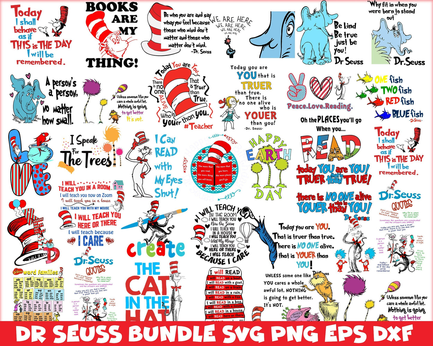 Bundle 19 - Dr Seuss Svg, Cat In The Hat SVG, Dr Seuss Hat SVG, Green Eggs And Ham Svg, Dr Seuss for Teachers Svg, Png, Eps, Dxf