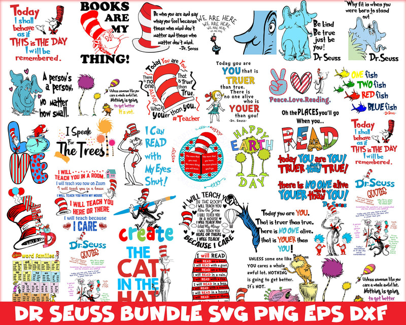Bundle 19 - Dr Seuss Svg, Cat In The Hat SVG, Dr Seuss Hat SVG, Green Eggs And Ham Svg, Dr Seuss for Teachers Svg, Png, Eps, Dxf