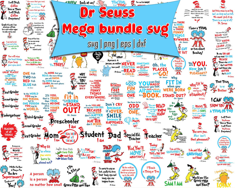 Bundle 4 - Dr Seuss Svg, Cat In The Hat SVG, Dr Seuss Hat SVG, Green Eggs And Ham Svg, Dr Seuss for Teachers Svg, Png, Eps, Dxf