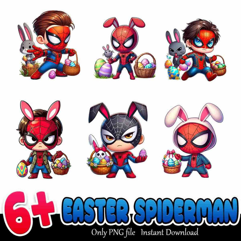 Easter Spiderman Bundle PNG 6+ Chibi Superhero Easter PNG Instant Download