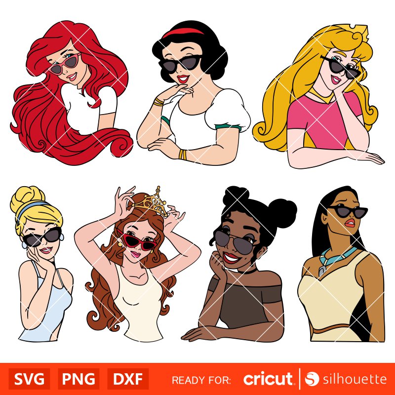 Fashion Disney Princess Bundle Svg, Princesses Svg, Sunglasses Svg, Disney Svg, Cricut, Silhouette Vector Cut File