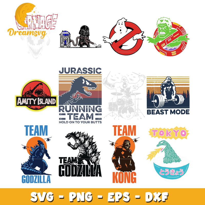 Jurassic running team bundle svg, Godzilla x kong svg