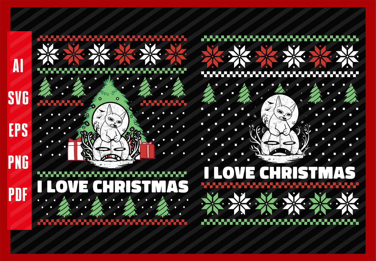 Funny Crazy Halloween Cat Design, I Love Christmas T-Shirt Design Eps, Ai, Png, Svg and Pdf Printable File