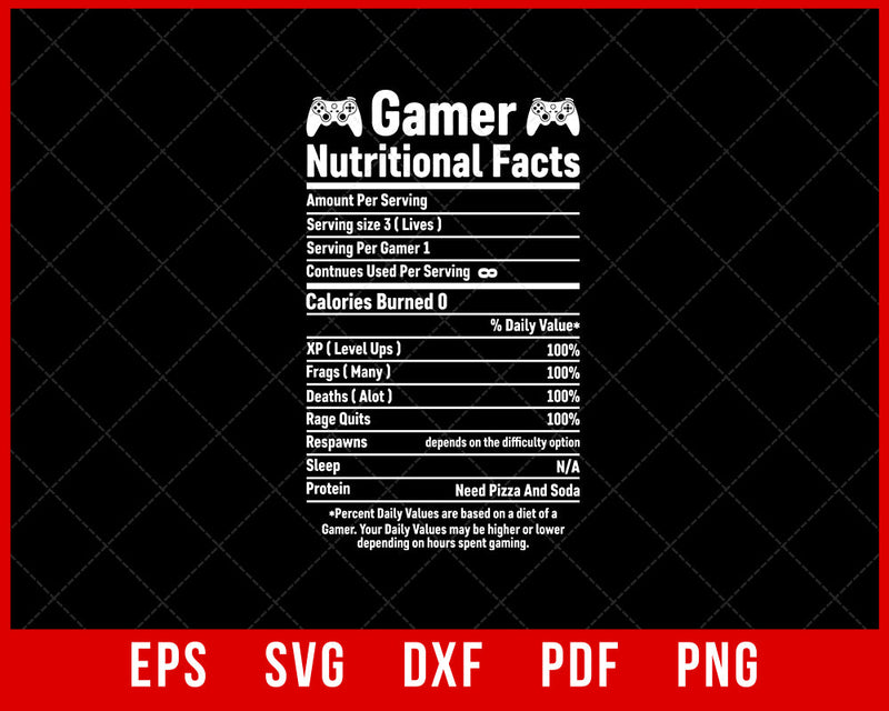 Funny Gamer Nutritional Facts Gaming Video Games Boys Men T-Shirt Design Games SVG Cutting File Digital Download