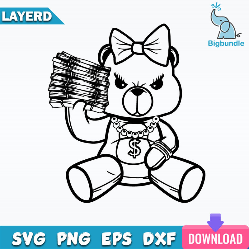 Female Gangster Teddy Bear Money Stack Svg, Teddy Bear Svg, Gangster Svg