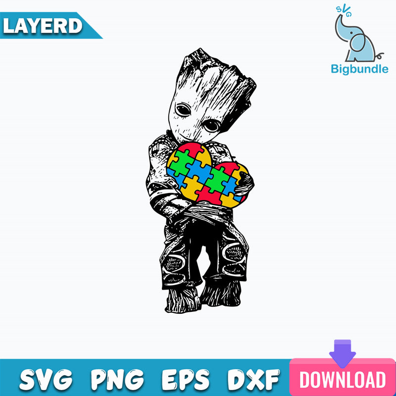 Baby Groot with Autism Heart Svg, Baby Groot Svg