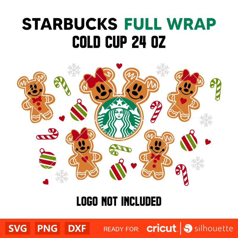 Christmas Gingerbread Mickey &amp; Minnie Full Wrap Svg, Starbucks Svg, Coffee Ring Svg, Cold Cup Svg, Cricut, Silhouette Vector Cut File