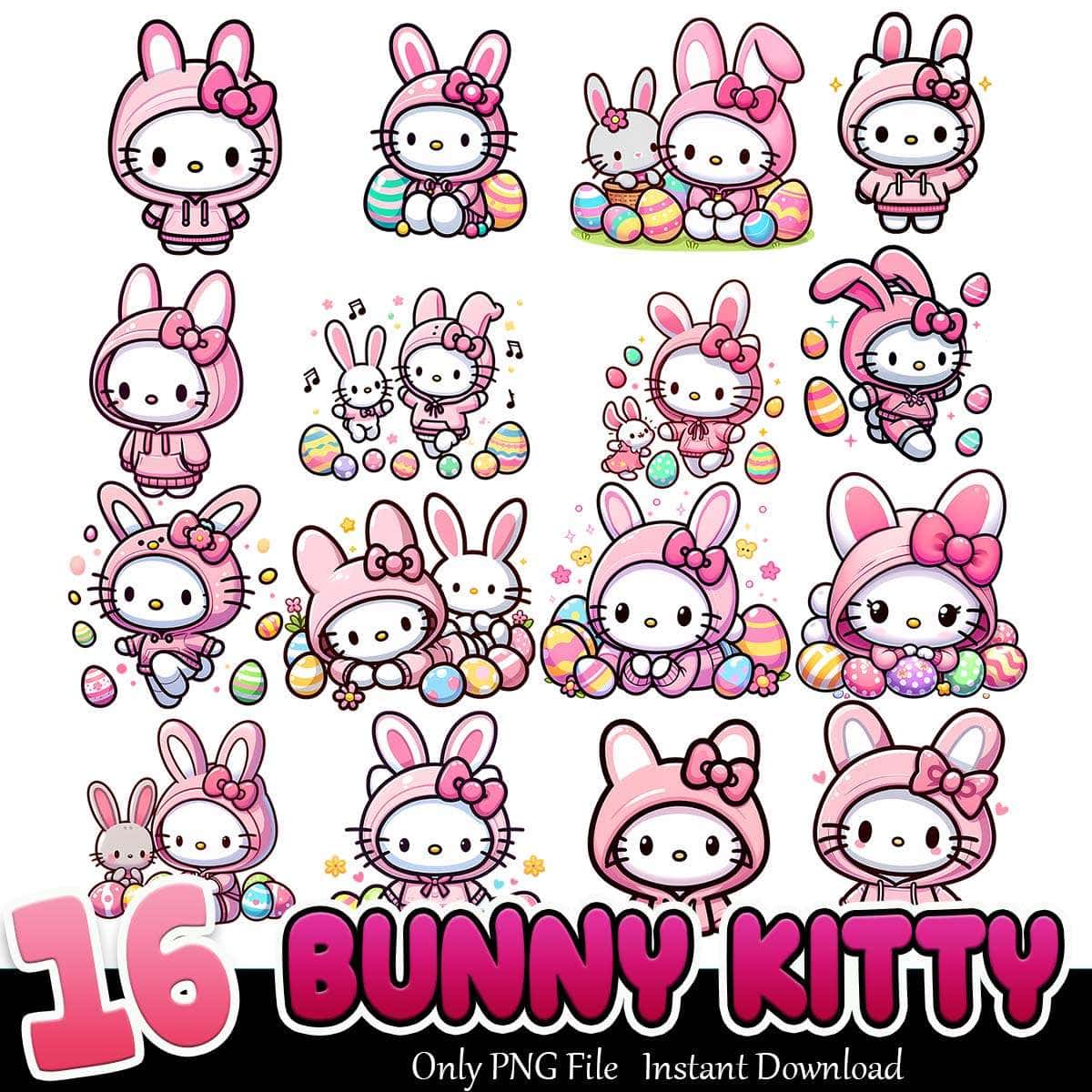 Bunny Hello Kitty Bundle PNG 16+ Kitty Easter PNG Instant Download