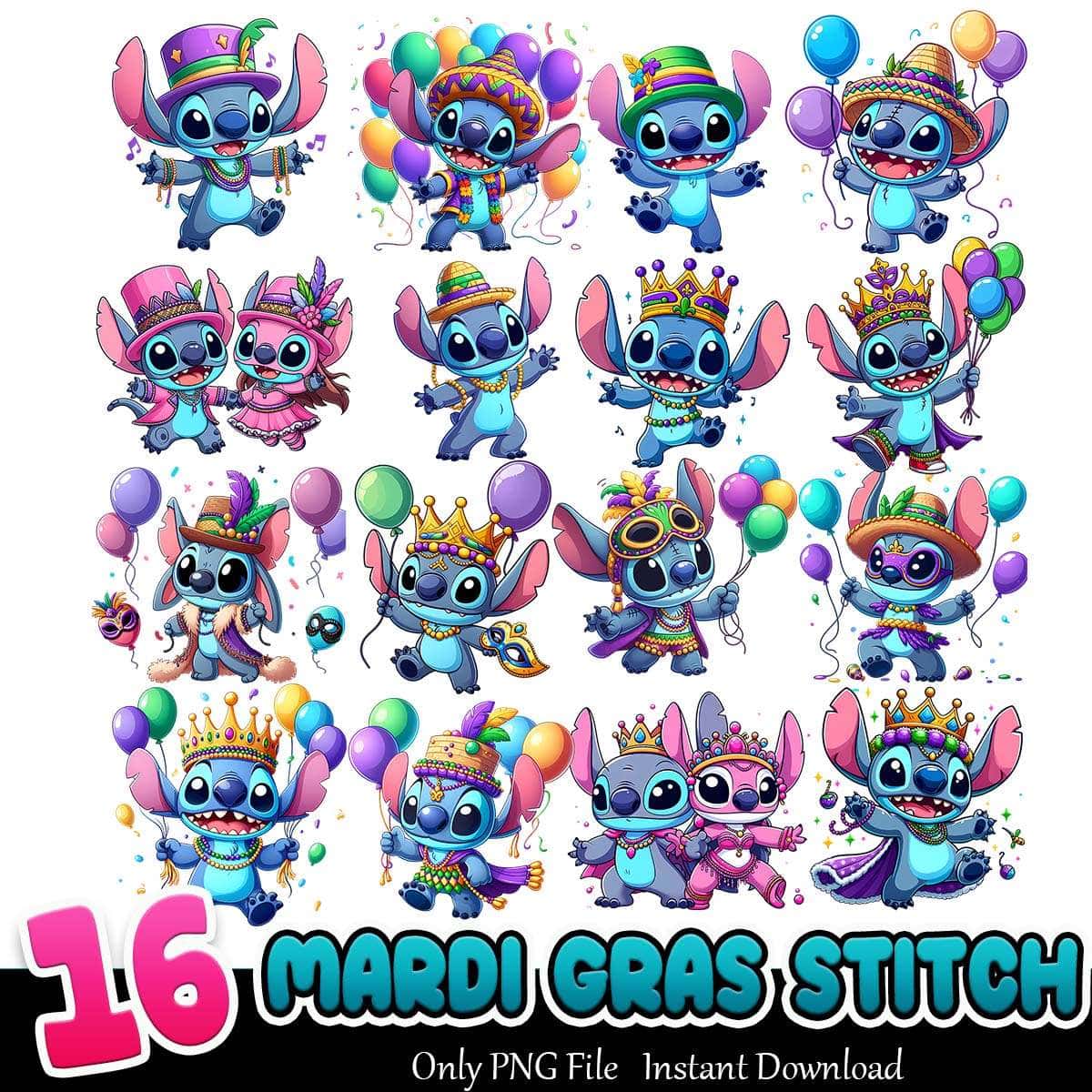 Stitch Mardi Gras Bundle PNG 16+ Mardi Gras Cartoon PNG Instant Download