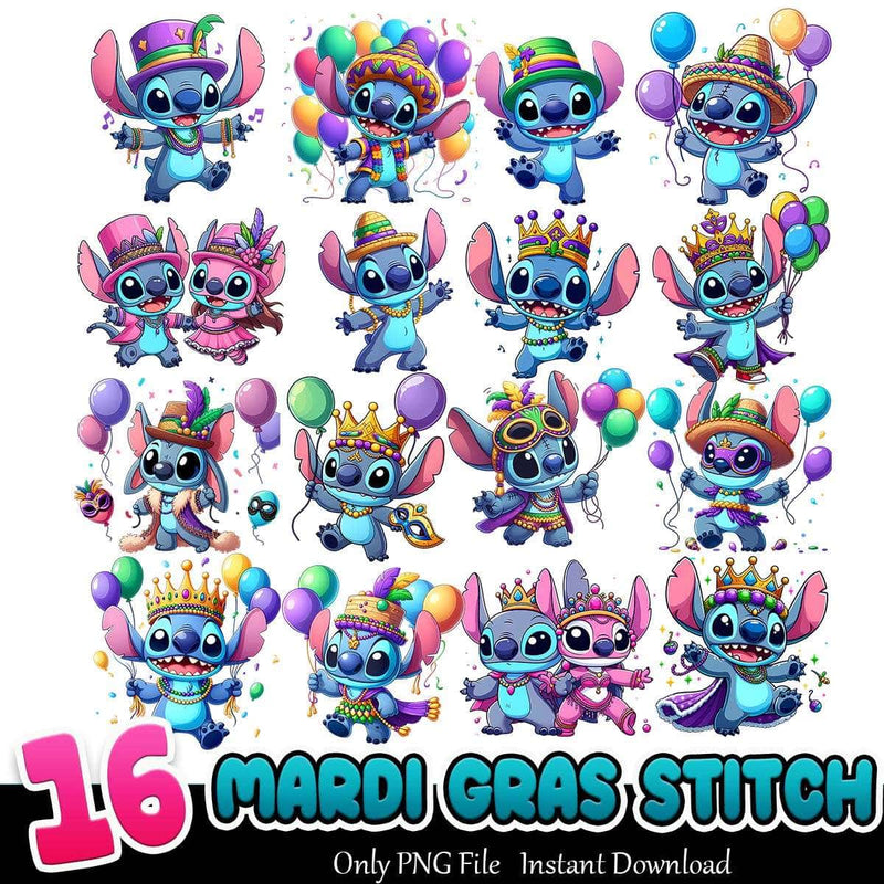 Stitch Mardi Gras Bundle PNG 16+ Mardi Gras Cartoon PNG Instant Download