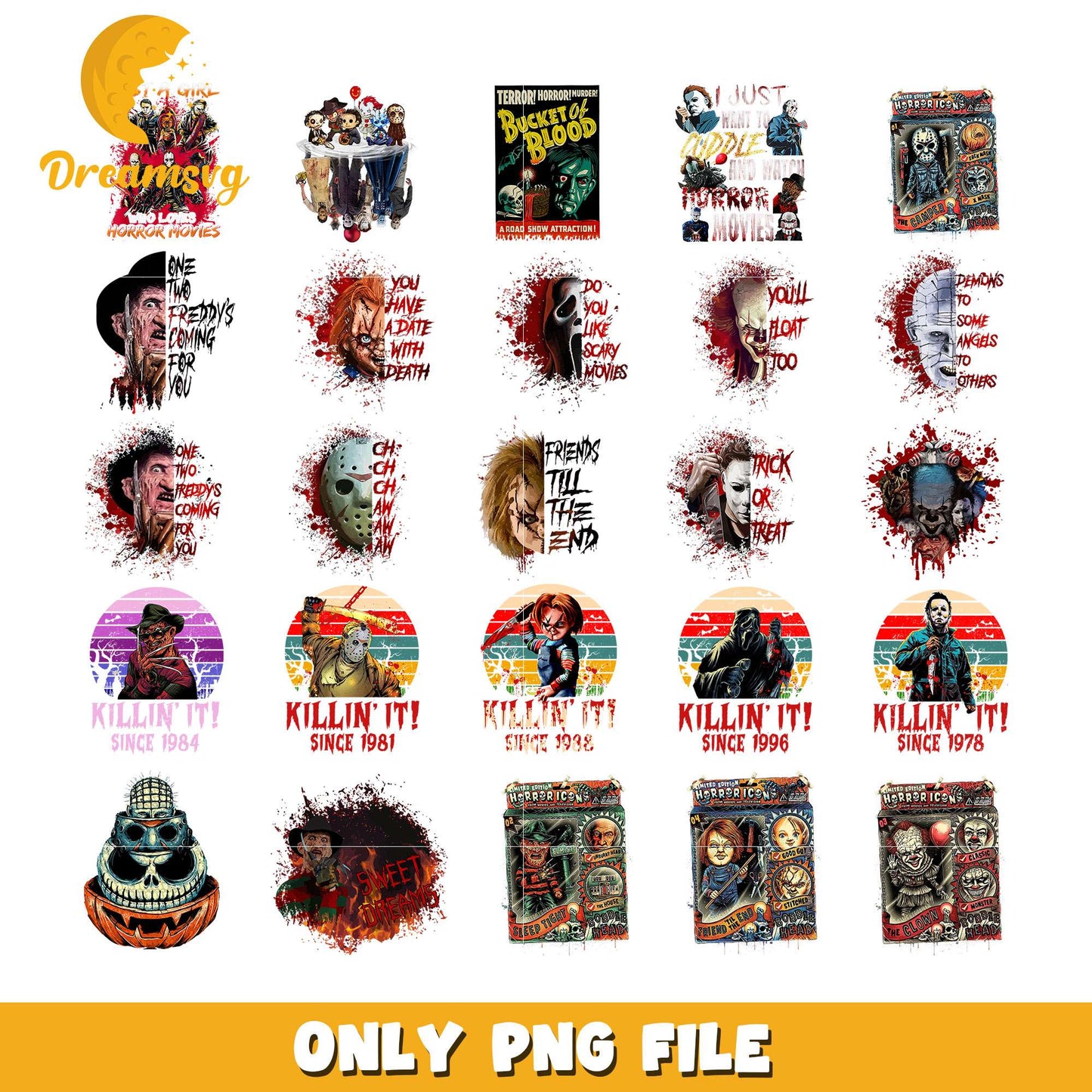 Horror killin it since halloween bundle design png, faces of horror png