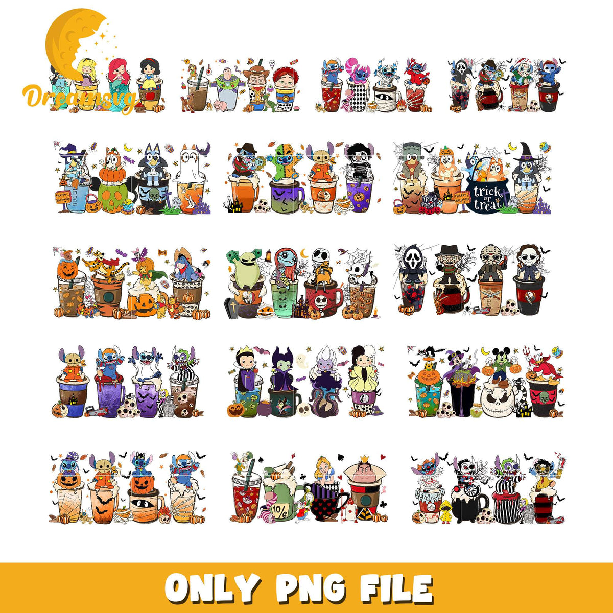 Cartoon popular coffee cup halloween bundle png, halloween coffee png