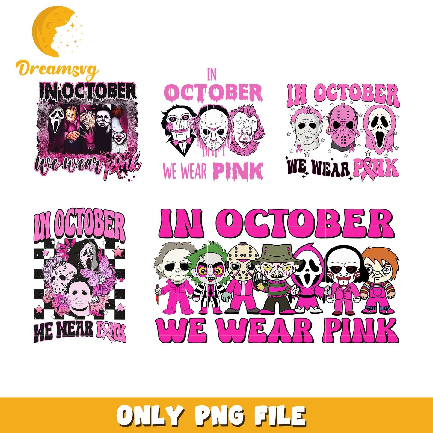 Horror in october we wear pink bundle png, horror face png