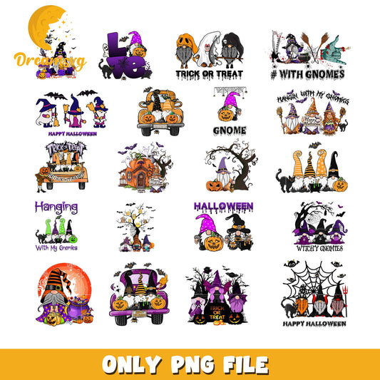 Halloween gnome trick or treat bundle design png, gnome halloween png