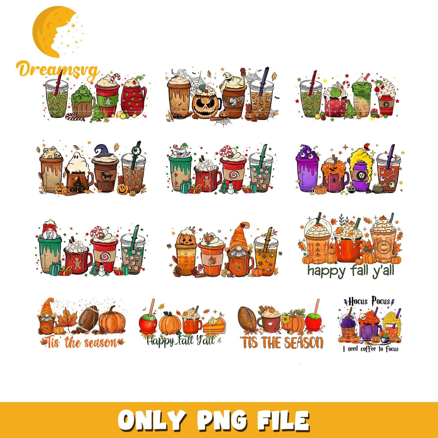Halloween coffee cup bundle design png, coffee halloween png