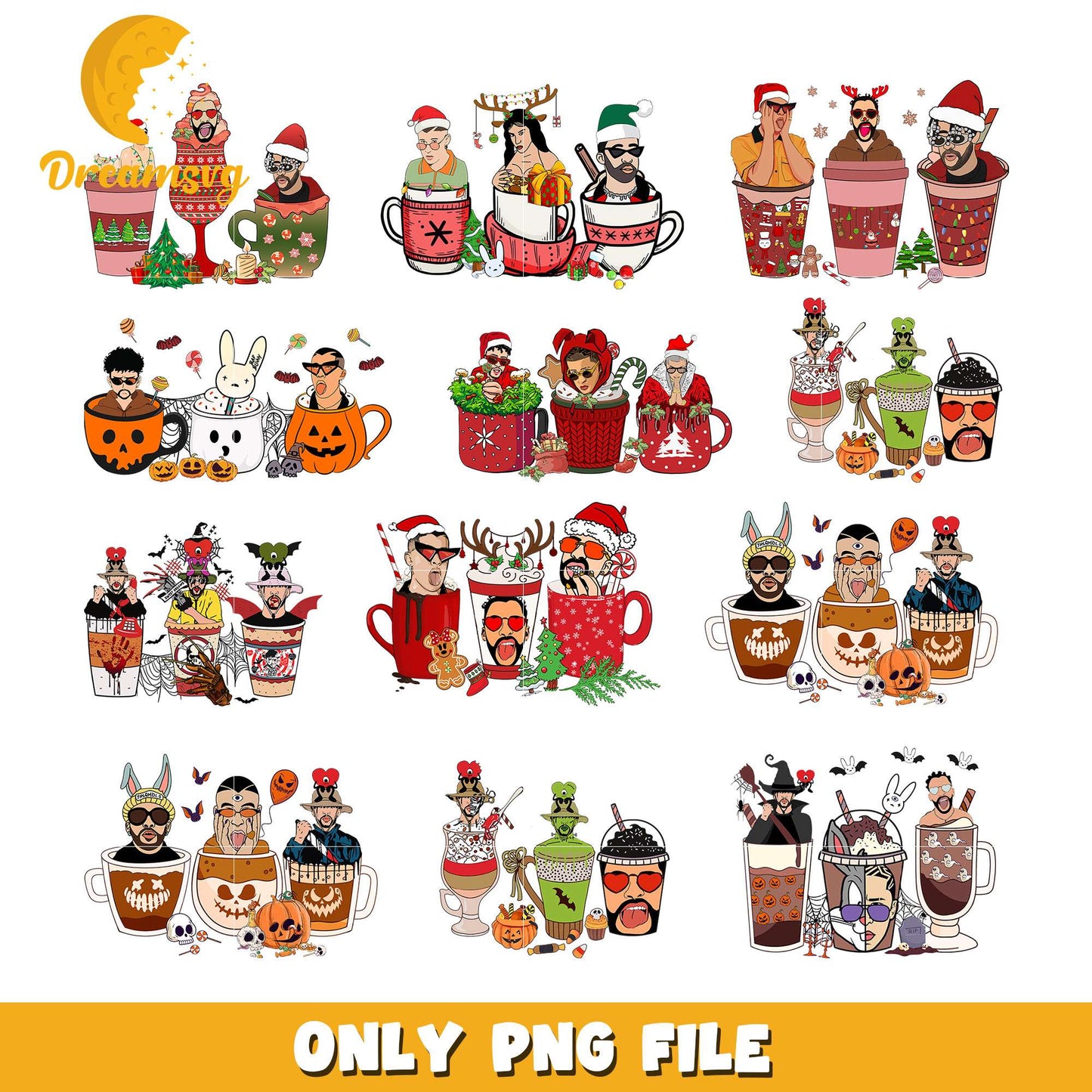 Halloween coffee cup bad bunny design bundle png, bad bunny halloween png