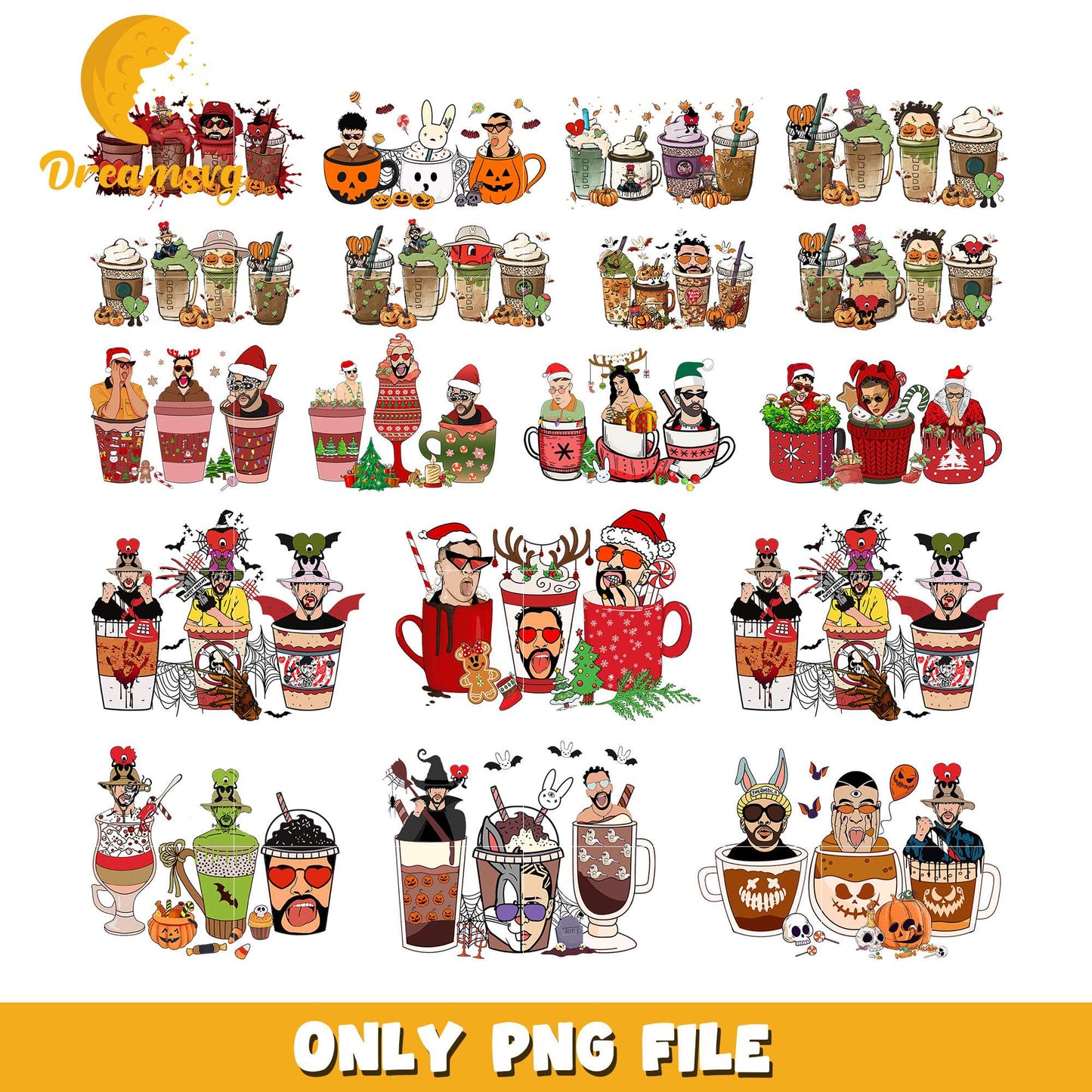 Bad bunny halloween coffee cup bundle png, Bad bunny halloween png