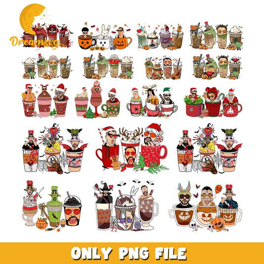 Bad bunny halloween coffee cup bundle png, Bad bunny halloween png