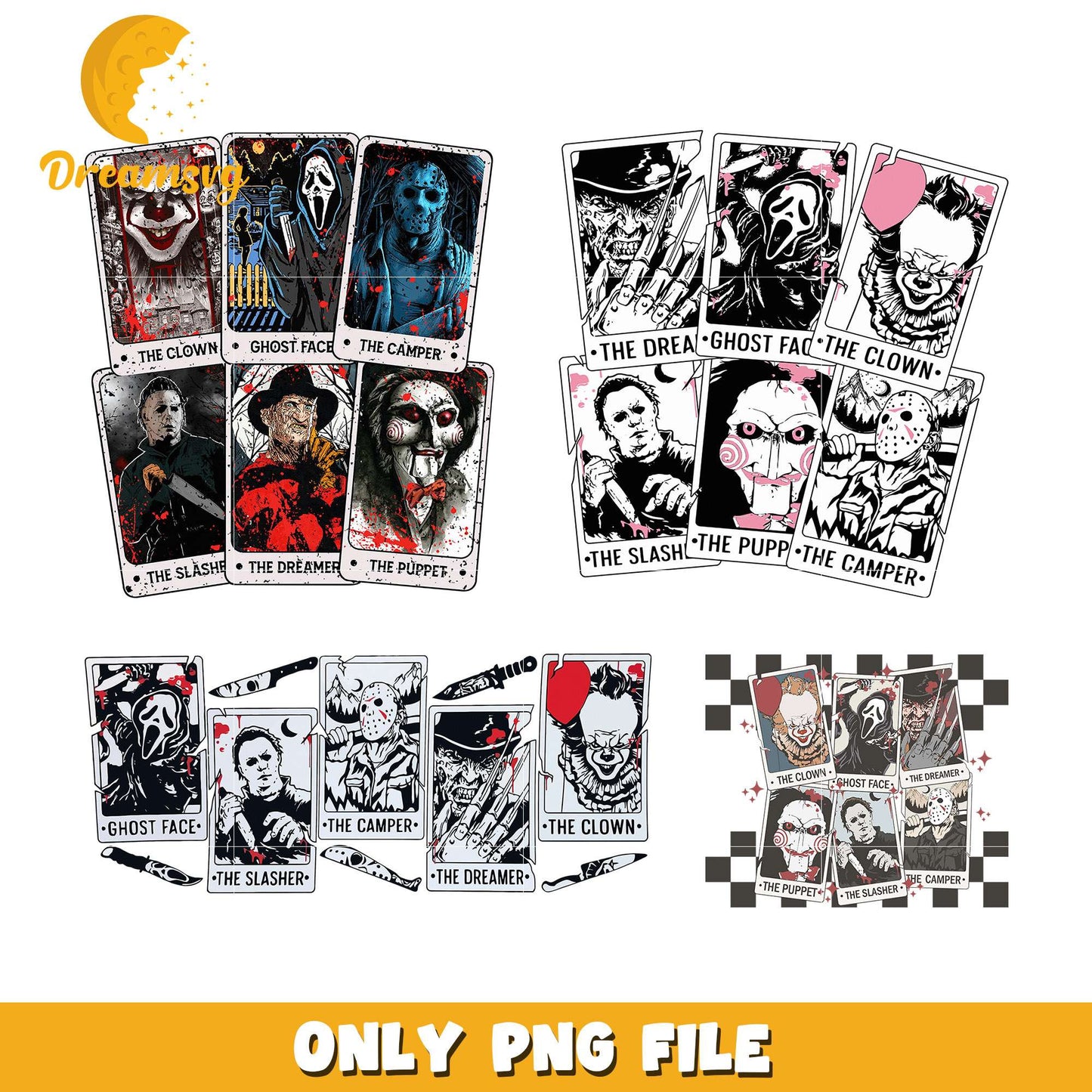 Horror characters tarot card halloween bundle png, horror png