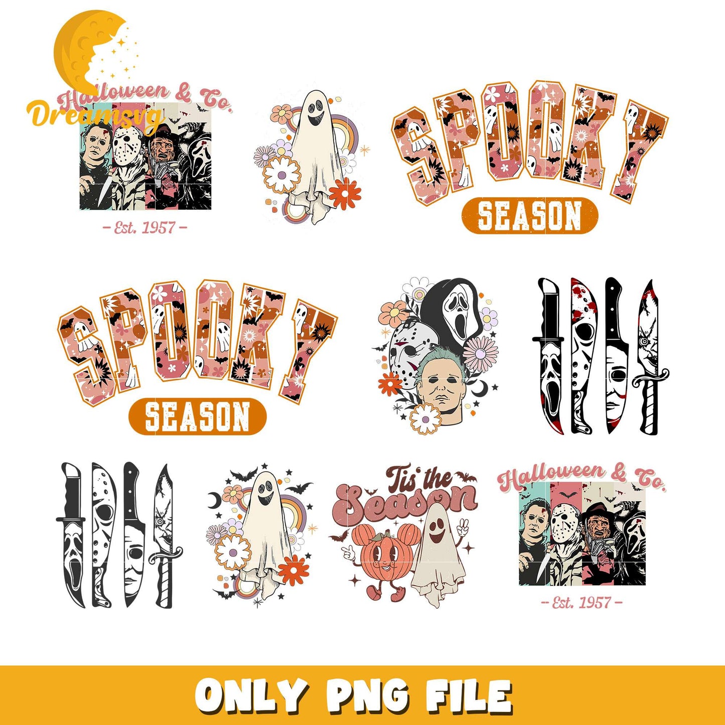 Horror spooky season halloween design bundle png, faces of horror png