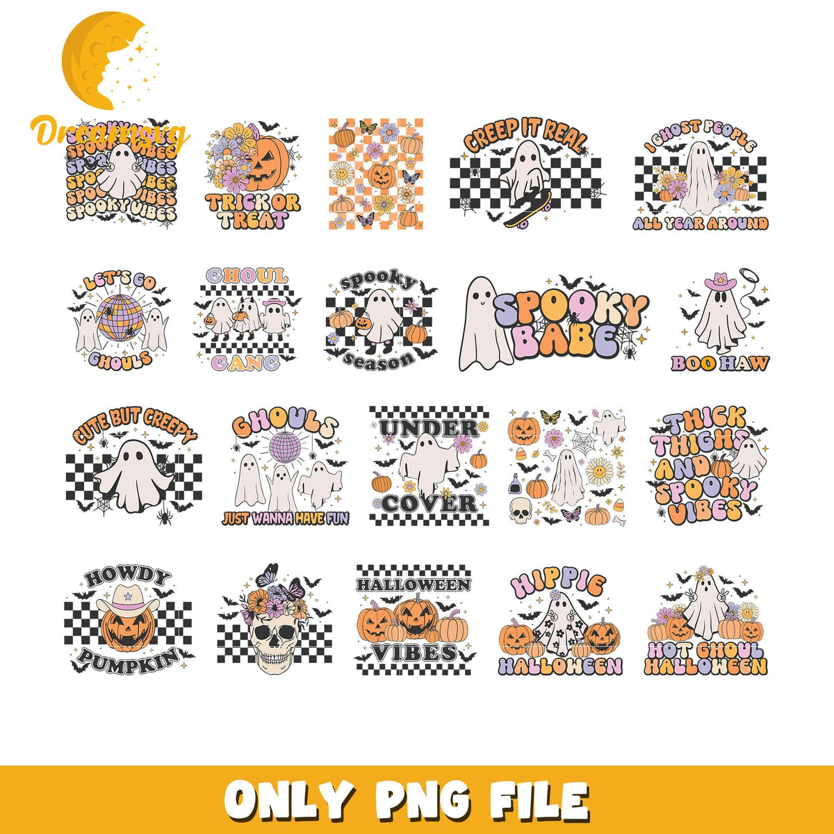Ghost spooky vibes halloween bundle png, cute halloween ghosts png