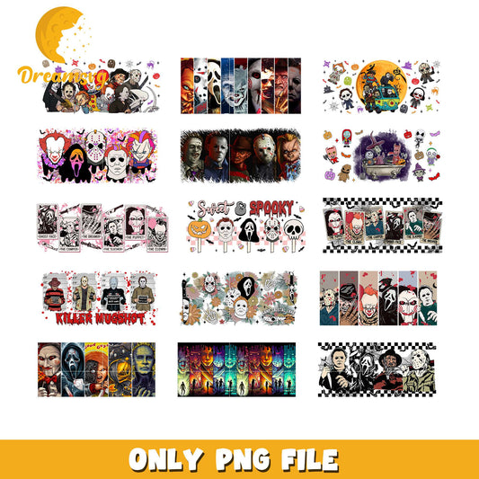 Horror movie halloween glass wrap design bundle png, horror friends png
