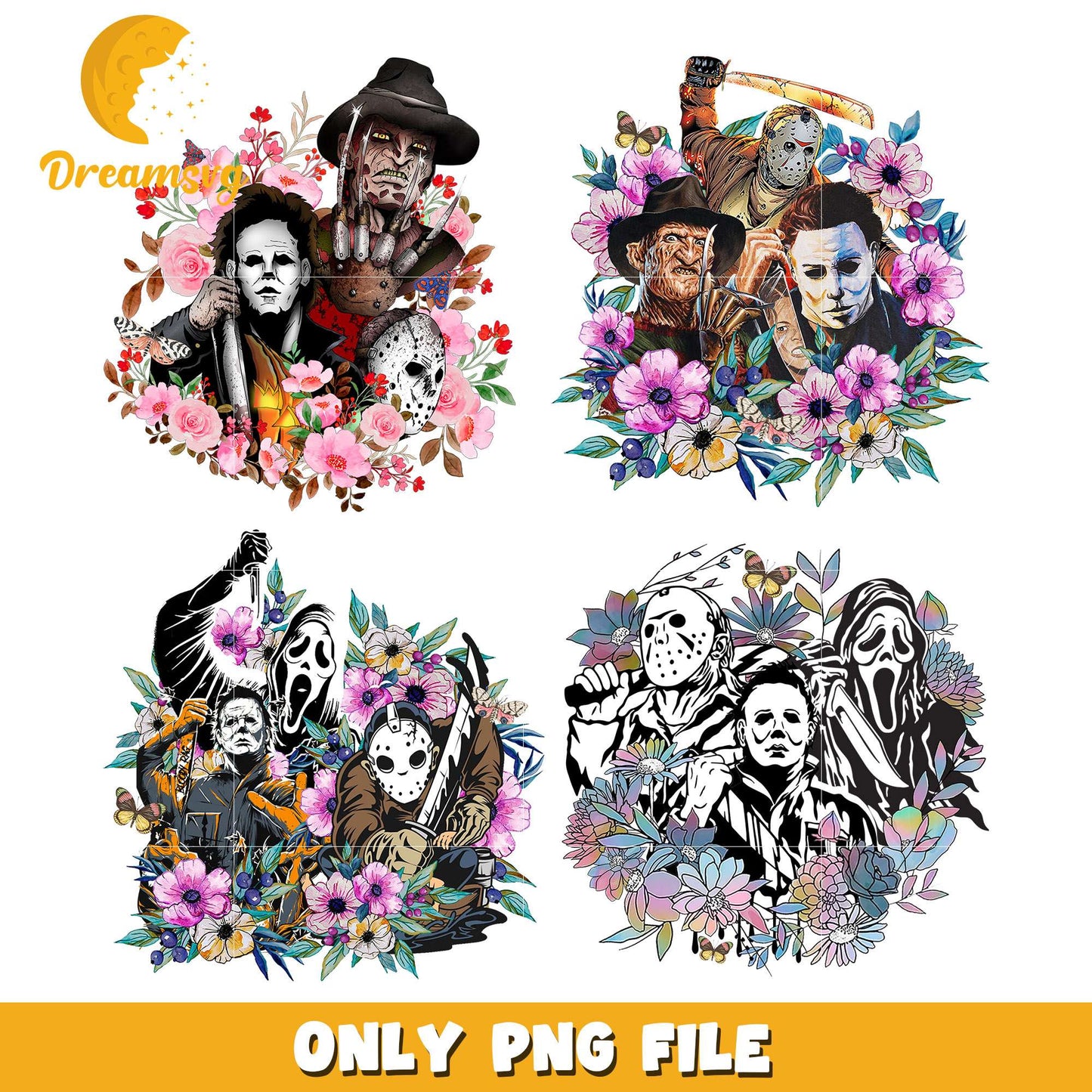 Horror characters flower design bundle png, horror characters png