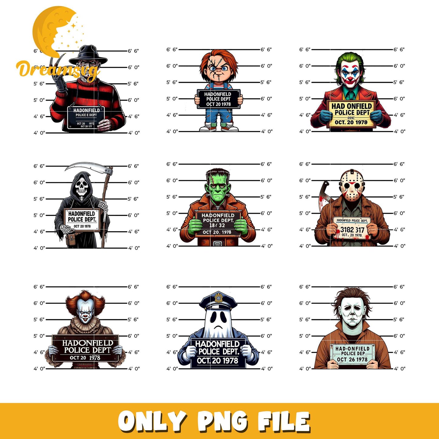 Horror characters felon design bundle png, horror film characters png