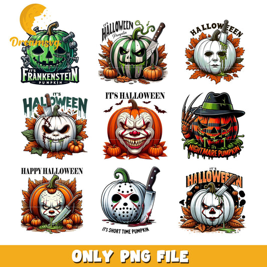 Horror face pumpkin design bundle png, horror movie halloween png