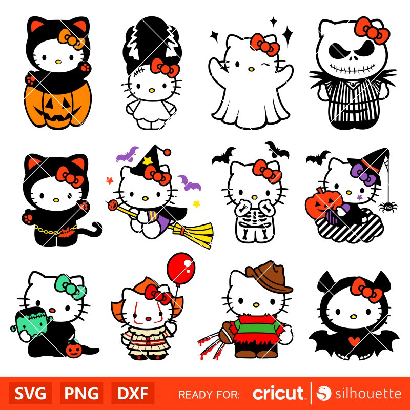 Halloween Cats Svg, Smiling Jack Svg, Halloween Hello Kitty Svg For Cricut, Silhouette Vector Cut Files