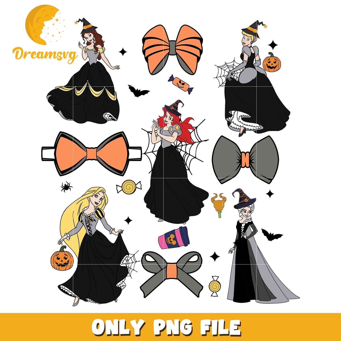 Halloween disney princesses png, halloween characters png, halloween design png