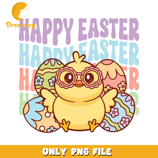 Happy Easter Cute Chick with Colorful Eggs PNG Design