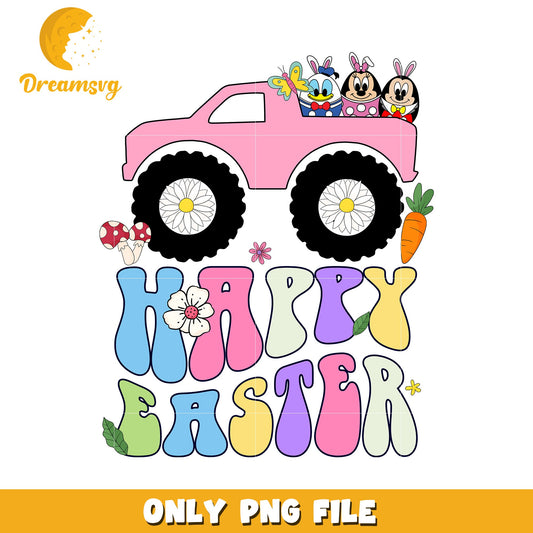 Happy Easter Pink Truck with Cute Characters PNG Art