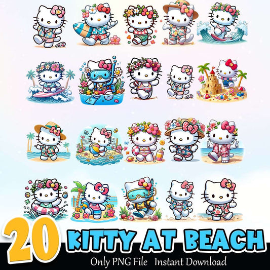 Kitty At Beach PNG Bundle Sublimation Instant Download
