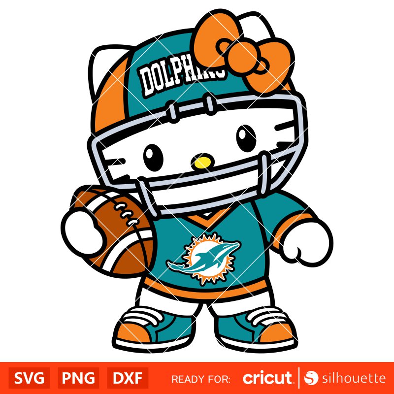 Hello Kitty Football Dolphins&nbsp;Svg, NFL Svg, Sanrio Svg, Kawaii Svg, Cricut, Silhouette Vector Cut File