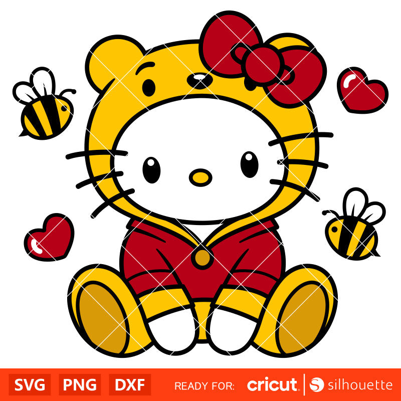 Hello Kitty Winnie the Pooh Svg, Kitty Valentine’s Day Svg for Cricut, Silhouette Vector Cut File